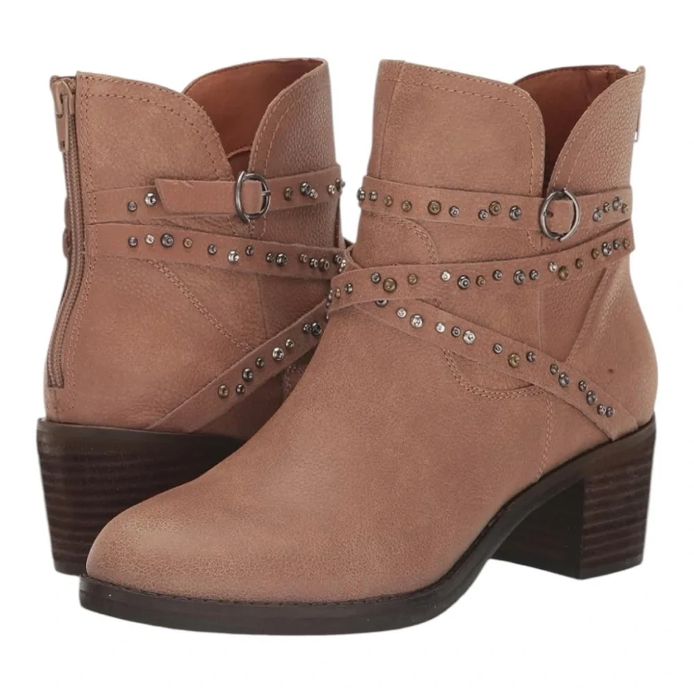 Lucky Brand Callam Studded Strap Boot NWOB Brown Heel Ankle Western Boho Festiva